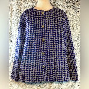 Vintage Maggie Sweet Women's Large Blazer Lion Head Button Gold Blue Houndstooth